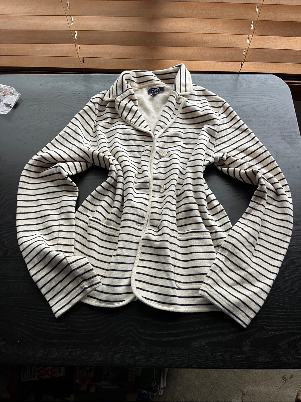 Chaps Cream and Navy Striped Shawl Collar Jacket